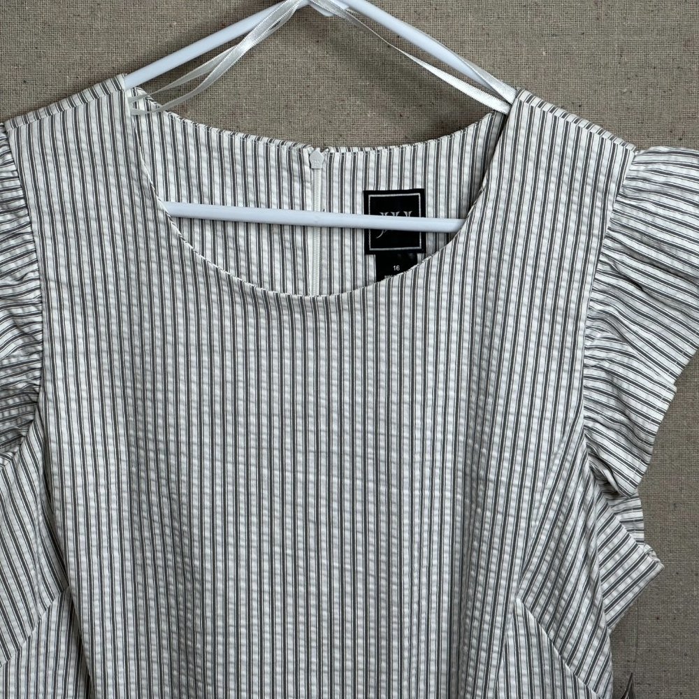 Dress Wing Ruffle Sleeve Pinstripe Crew Neck Zip Stretch Easter Spring Sz 16 - Picture 14 of 14